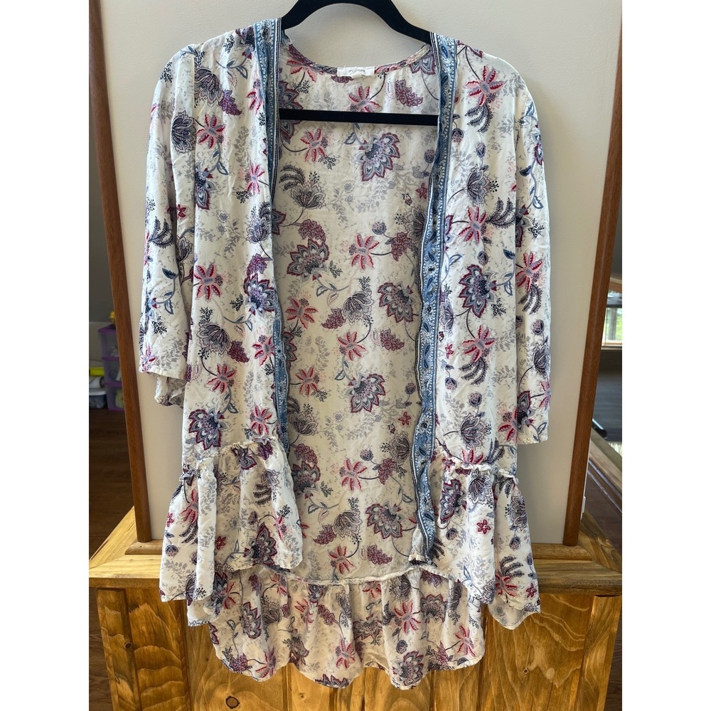 Maurices Floral Paisley Kimono Wrap XS White Blue Red Ruffle High Low Hem Boho